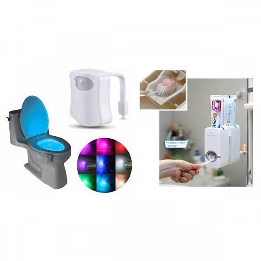Set baie: Dozator de pasta de dinti+ Suport pentru periute + Lampa led toaleta