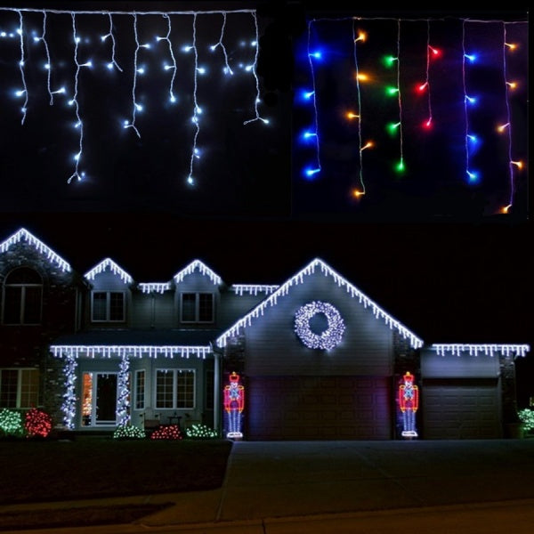 Set 2 x instalatie led Craciun 12m,600 LED, 24 Metri cu franjuri diverse culori