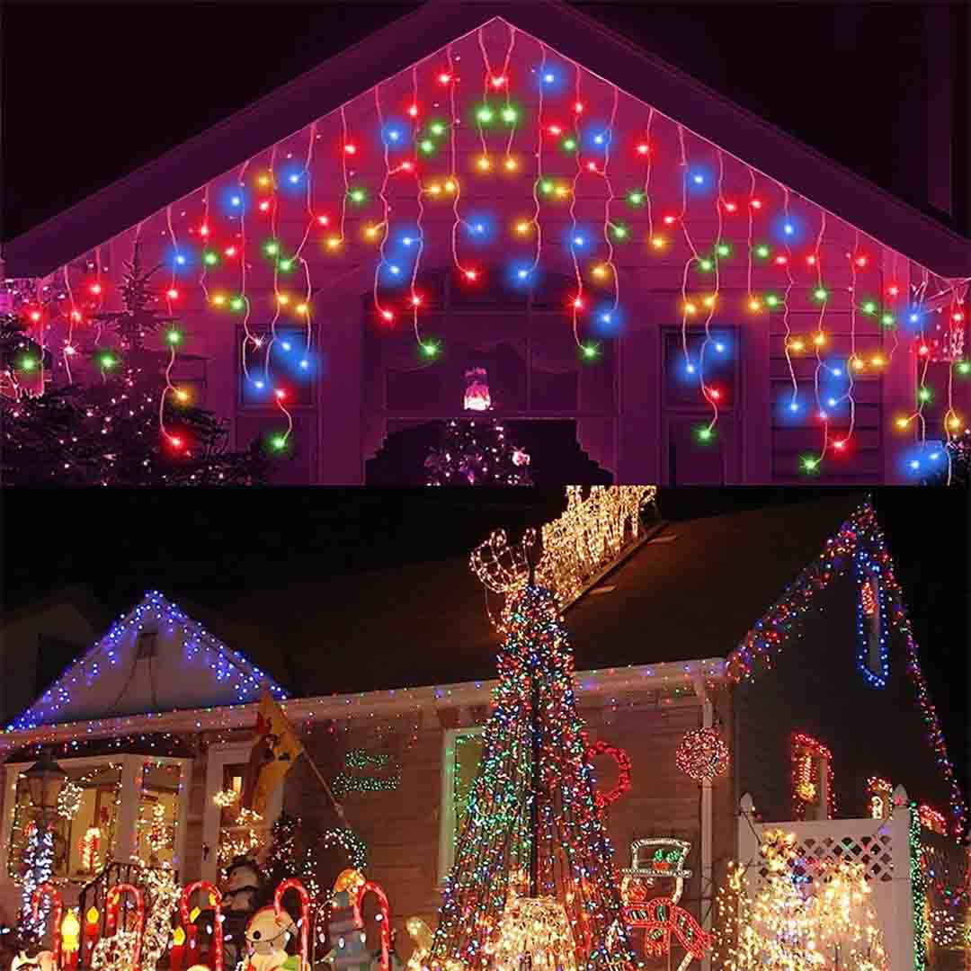 Set 2 x instalatie led Craciun 12m,600 LED, 24 Metri cu franjuri diverse culori
