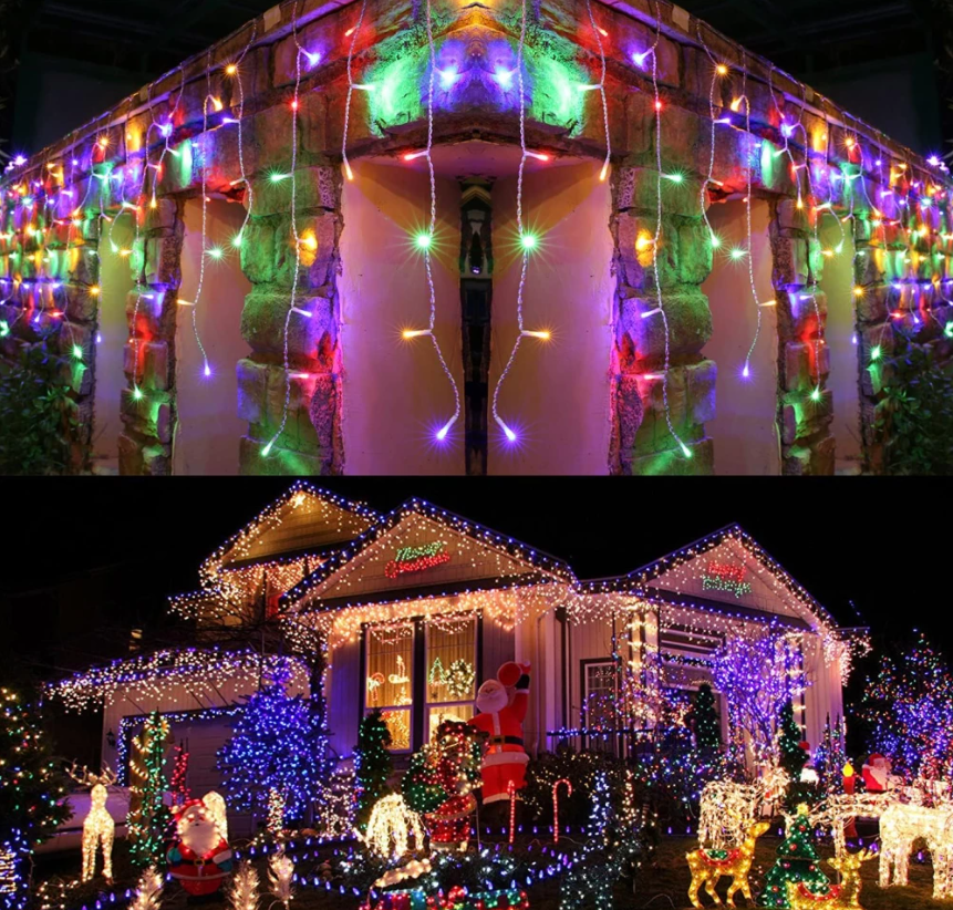 Set 2 x instalatie led Craciun 12m,600 LED, 24 Metri cu franjuri diverse culori