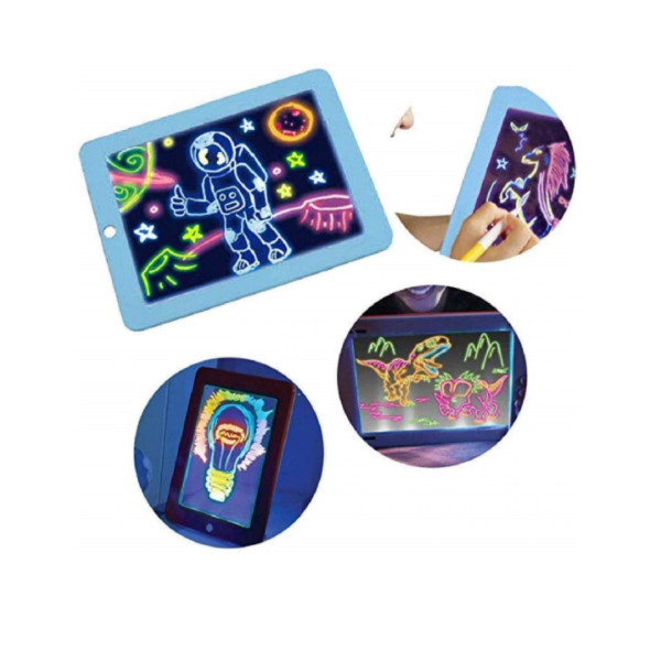 Tabla Magica desenat 3D luminoasa, transparenta, cu leduri si 4 carioci Fluorescente + 14 schite