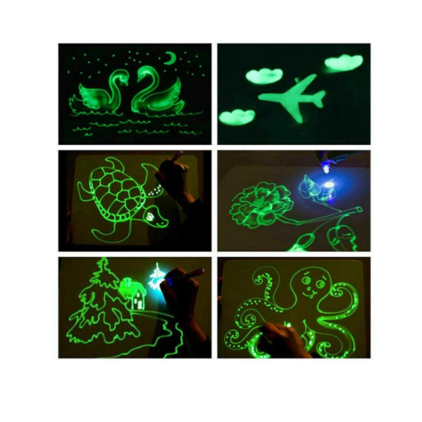 Tabla Magica desenat 3D luminoasa, transparenta, cu leduri si 4 carioci Fluorescente + 14 schite