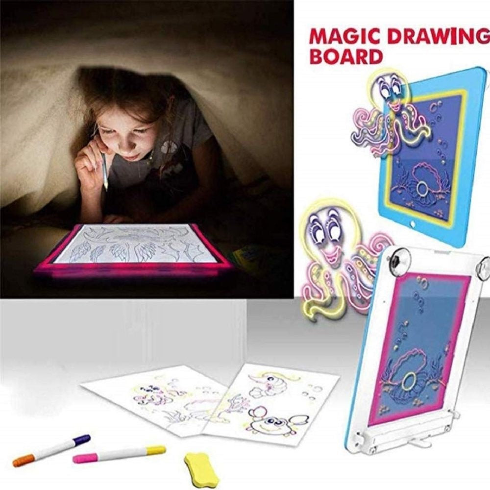Tabla Magica desenat 3D luminoasa, transparenta, cu leduri si 4 carioci Fluorescente + 14 schite