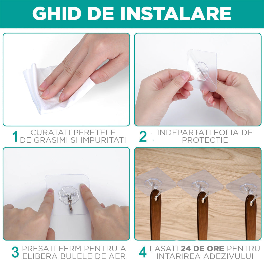 Set 12 Carlige cu Banda Ultra Adeziva, Rezistente, Refolosibile