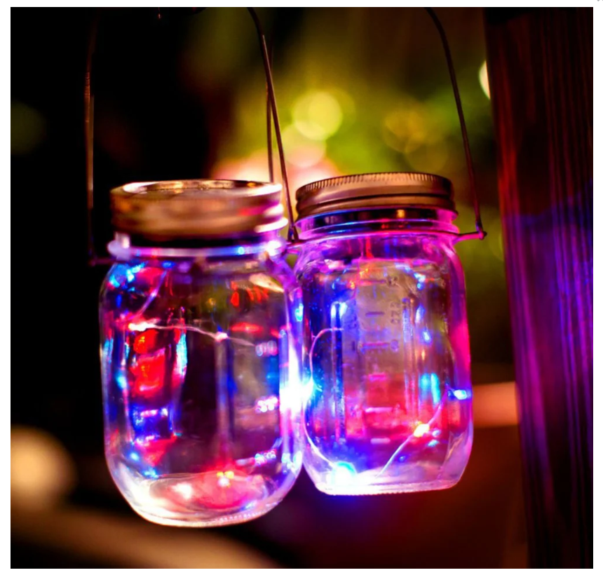 Decoratiune Lampa solara led in forma de borcan, lumina RGB