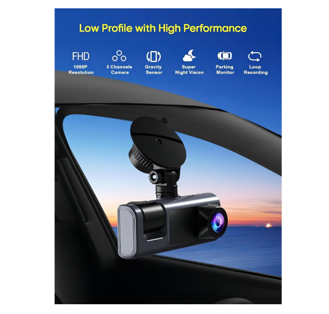 Camera auto tripla FullHD, 3 camere-fata/spate/interior, ecran 2'', G Senzor