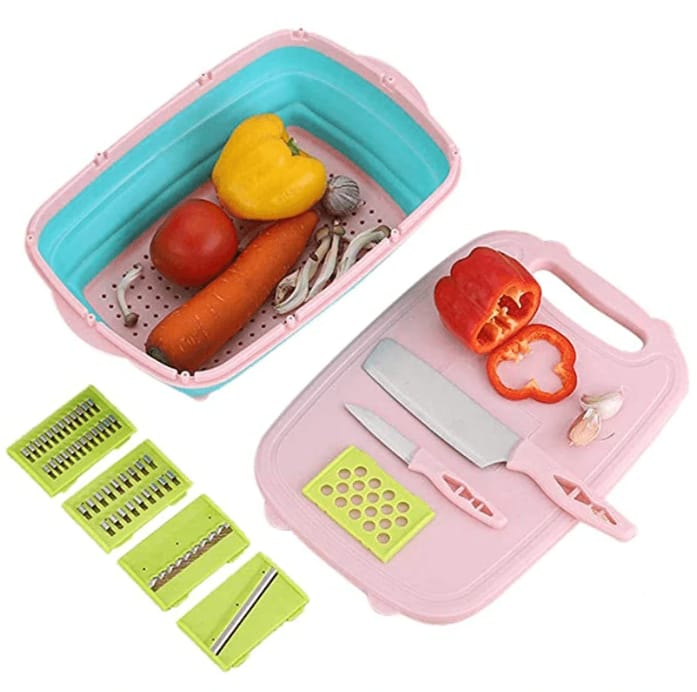 Tocator multifunctional pliabil, 3 razatoare, 2 cutite, cos de legume, strecuratoare
