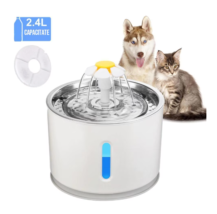 Fantana cu apa pentru animale, purificare si filtrare, 3 trepte, otel inoxidabil, 2.4 L