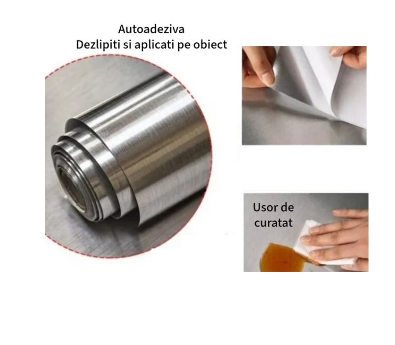 Set 2 x Folie autocolanta inox, argintie, rezistenta la apa, usor de curatat, 60x300 cm