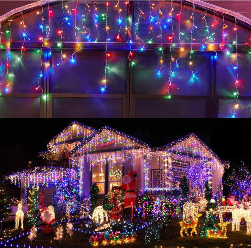 Set 2 x instalatie led Craciun 12m,600 LED, 24 Metri cu franjuri diverse culori