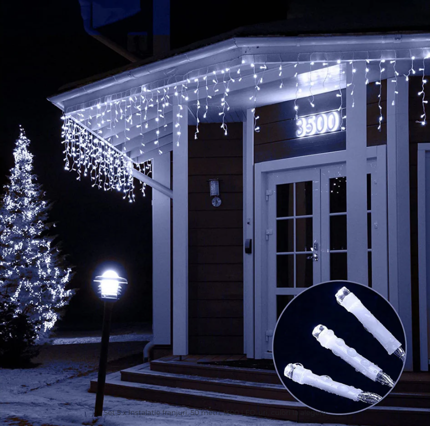 Set 2 x instalatie led Craciun 12m,600 LED, 24 Metri cu franjuri diverse culori