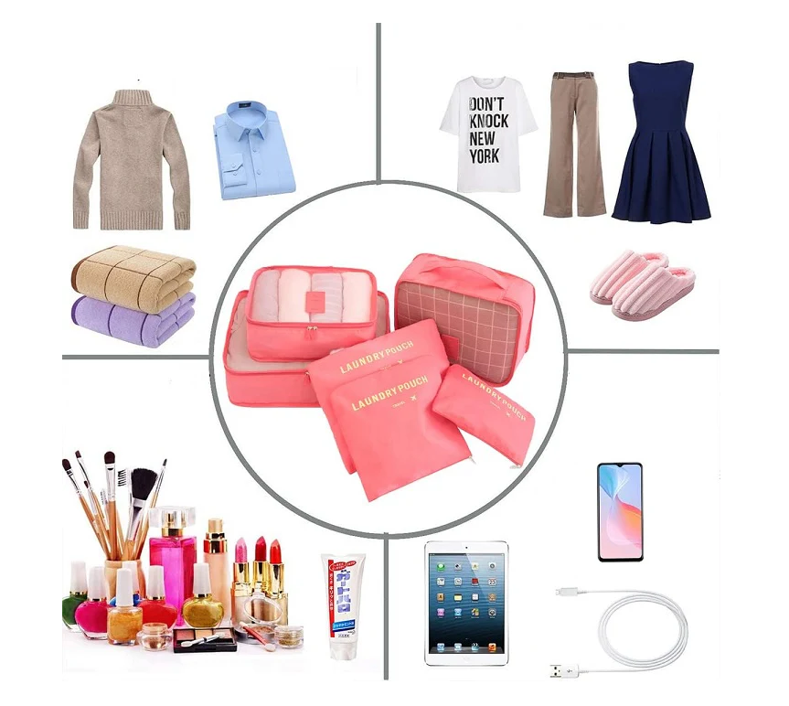 Set 6 Huse - Genti Organizatoare pentru Voiaj, 3 Plicuri si 3 Organizatoare, Roz