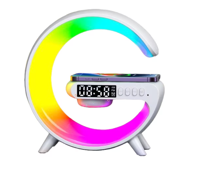 Boxa/Lampa G RGB cu ceas cu alarma, lumina si sunet, difuzor Bluetooth si incarcator rapid wireless