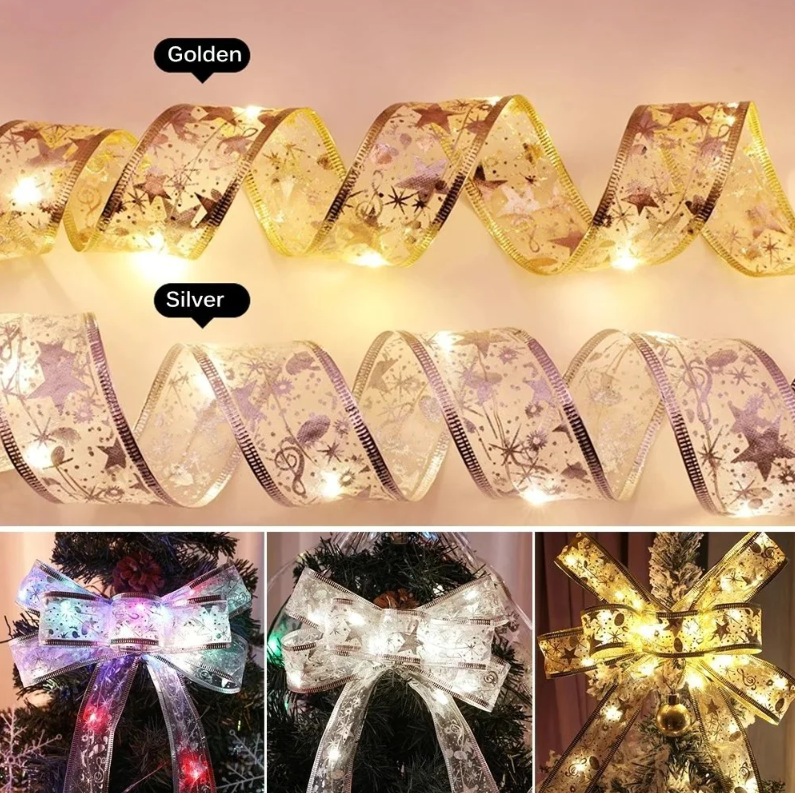 Instalatie panglica luminoasa pentru bradul de Craciun, lumina calda - auriu, argintiu, rosu - 5M