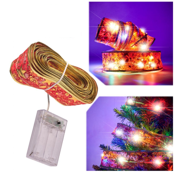 Instalatie panglica luminoasa pentru bradul de Craciun, lumina calda - auriu, argintiu, rosu - 5M