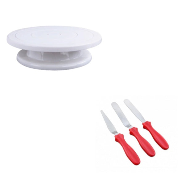 Platou rotativ cu baza antiaderenta, 28 cm + set 3 spatule pentru decorare