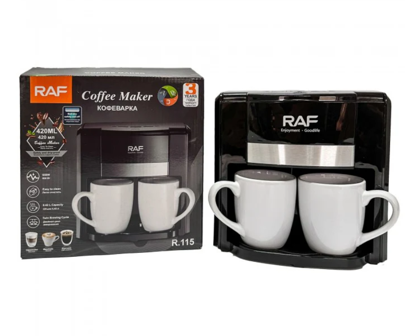 Aparat de Cafea RAF 1000W cu 2 Cani ceramice si Lingura de masurare Incluse, 420ml