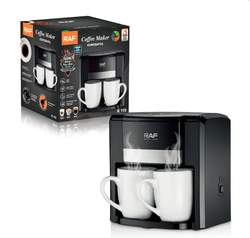 Aparat de Cafea RAF 1000W cu 2 Cani ceramice si Lingura de masurare Incluse, 420ml