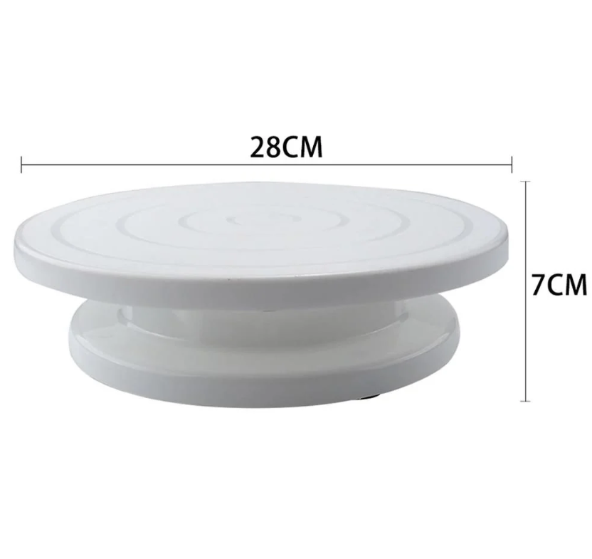 Platou rotativ decorare cu baza antiaderenta, 28 cm + CADOU Set 4 raclete decorare tort, 8 modele diferite