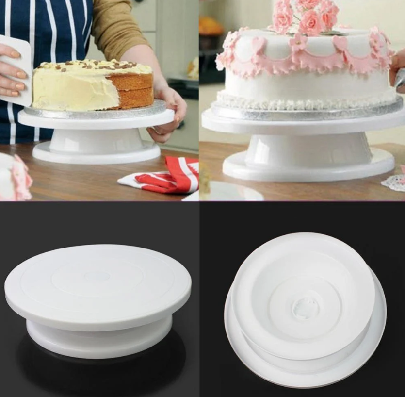 Platou rotativ decorare cu baza antiaderenta, 28 cm + CADOU Set 4 raclete decorare tort, 8 modele diferite