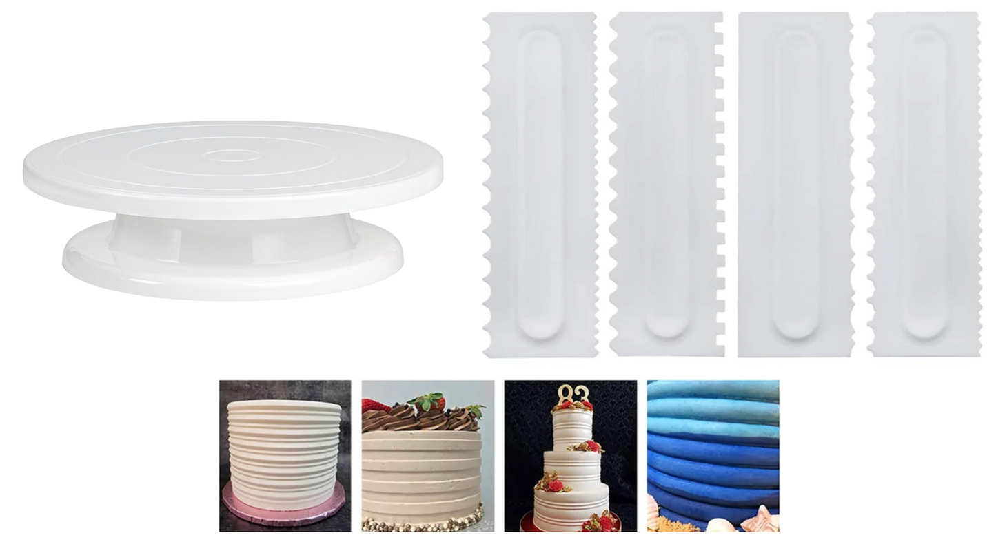 Platou rotativ decorare cu baza antiaderenta, 28 cm + CADOU Set 4 raclete decorare tort, 8 modele diferite