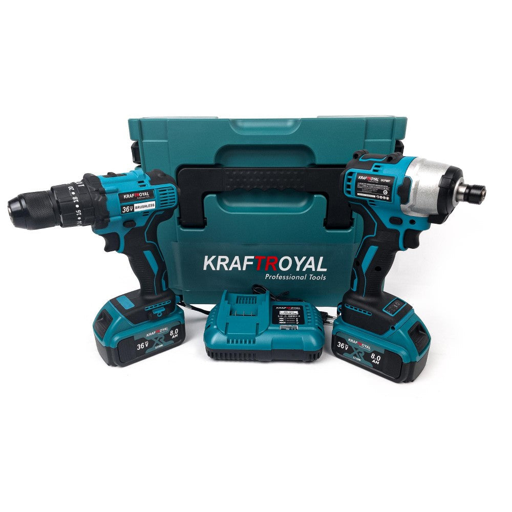 Set masina de gaurit si infiletat si masina de insurubat cu impact KrafTRoyal 2 acumulatori 36V 8AH
