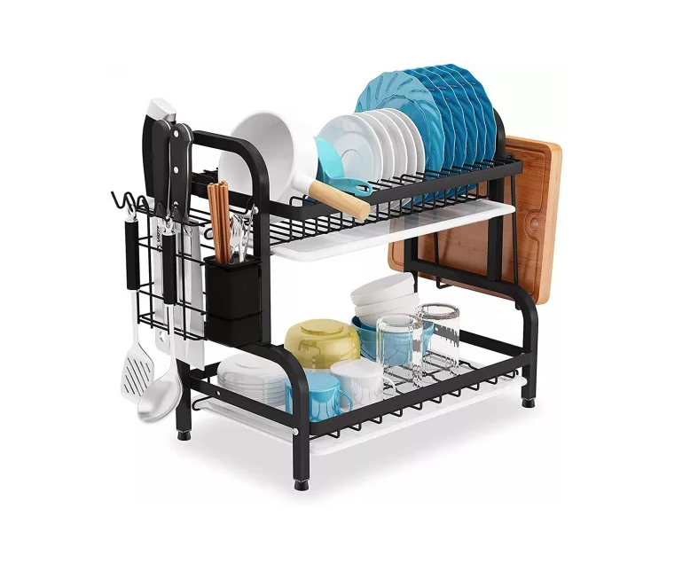 Suport de vase metalic, cu doua niveluri si suport tacamuri, Negru, 40 x 25 x 39 cm