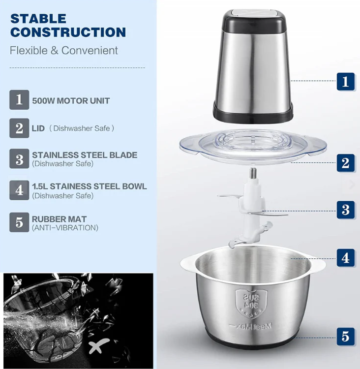 Tocator electric pentru carne si legume, 4 lame inox, 2 viteze, bol inox 2L