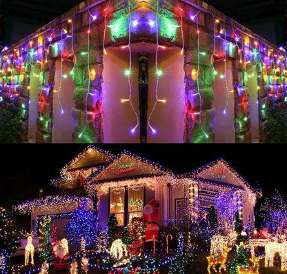 Set 2 x instalatie led Craciun 12m, 300 LED, cu franjuri, diverse culori