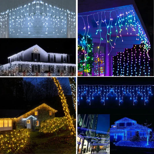 Set 2 x instalatie led Craciun 12m, 300 LED, cu franjuri, diverse culori