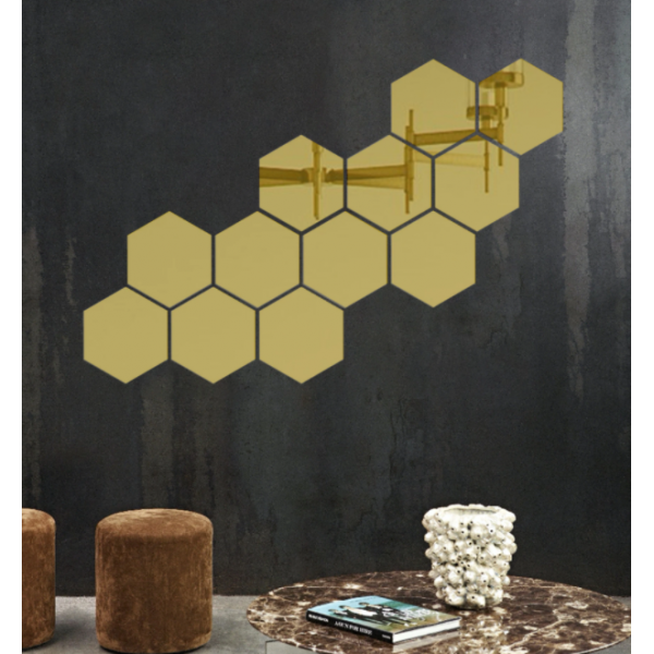 Set 12 stickere tip oglinda hexagon auriu sau argintiu