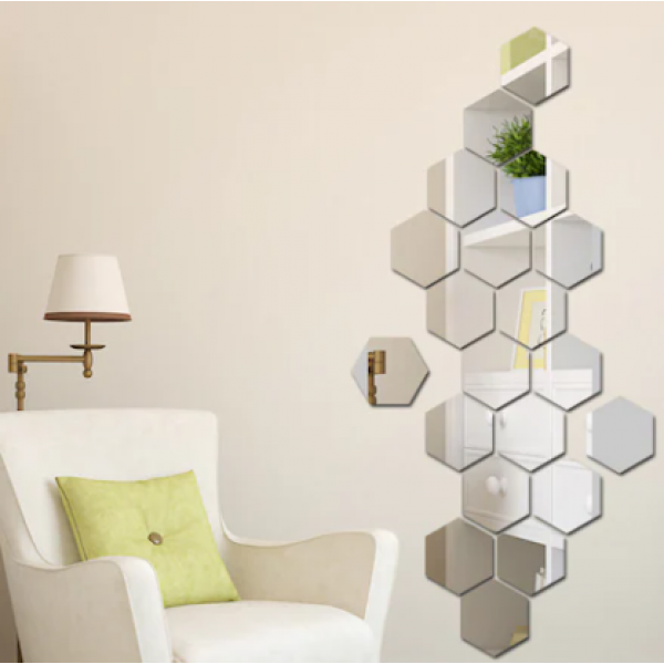 Set 12 stickere tip oglinda hexagon auriu sau argintiu