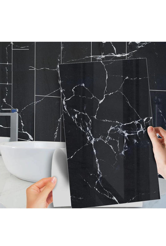 Set 10 x Placa autoadeziva pentru pardoseala sau perete tip marmura neagra, impermeabila, 30x60 cm