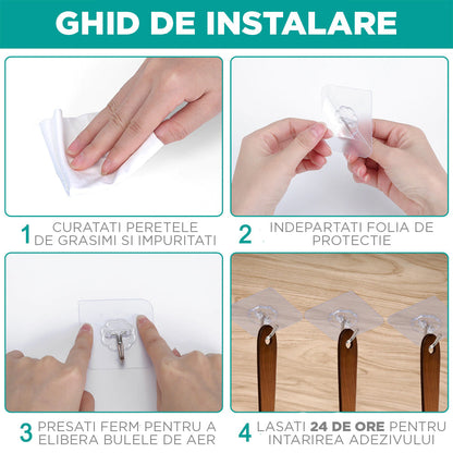 Set 12 Carlige cu Banda Ultra Adeziva, Rezistente, Refolosibile