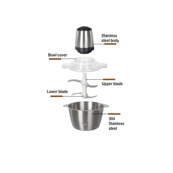 Tocator electric pentru carne si legume, 4 lame inox, 2 viteze, bol inox 2L