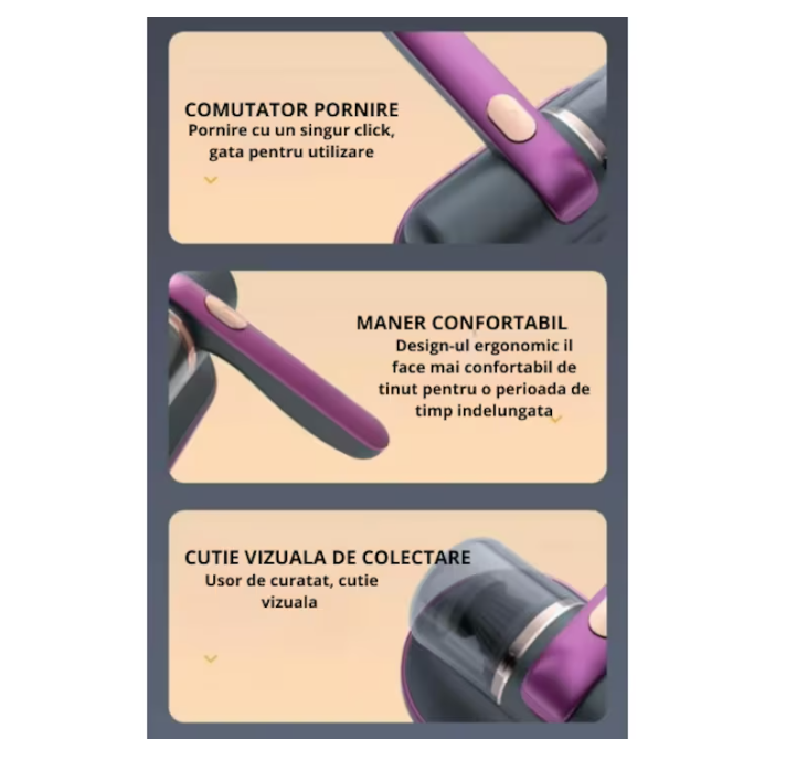 Aspirator portabil Antiacarieni si Praf cu acumulator, 68W, igienizare profunda
