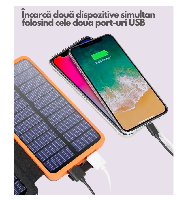 Baterie externa 20000 mAh, cu 4 Panouri Solare, 2 USB