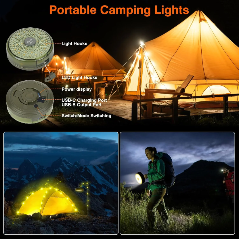Ghirlanda luminoasa colorata camping, lanterna, functie de baterie externa, LED, reincarcabila USB, 8 moduri de iluminare, 10 m, agatatoare