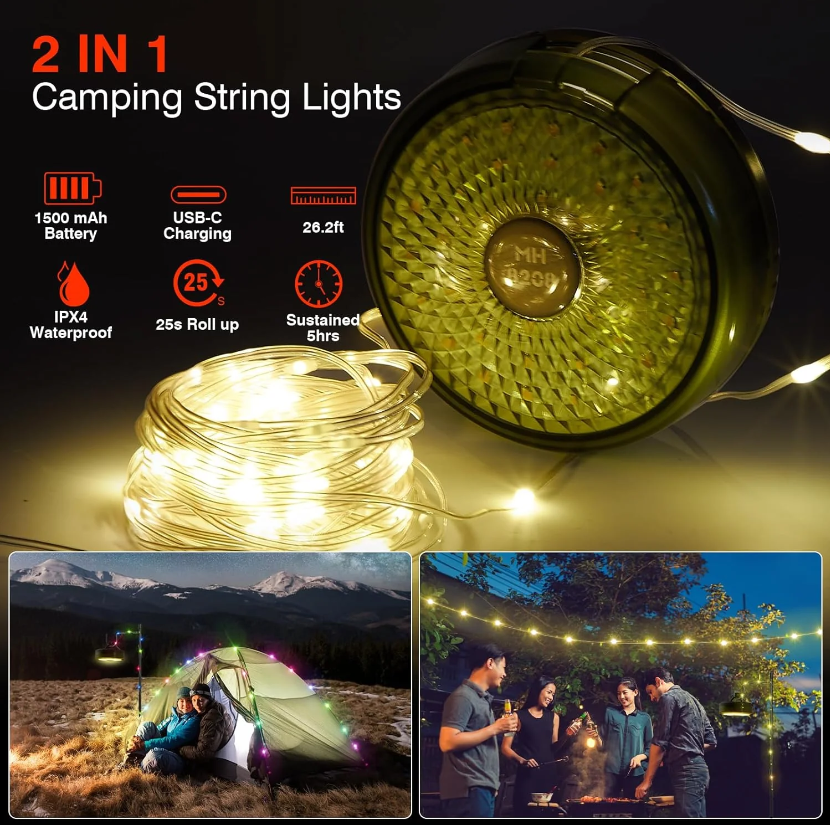 Ghirlanda luminoasa colorata camping, lanterna, functie de baterie externa, LED, reincarcabila USB, 8 moduri de iluminare, 10 m, agatatoare