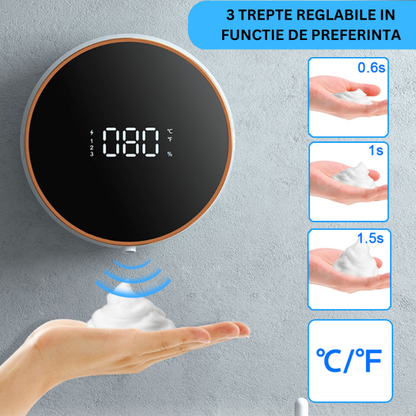 Dispenser automat cu senzor tactil pentru sapun spuma si dezinfectant, afisaj LED, afiseaza bateria si nivel de spumare