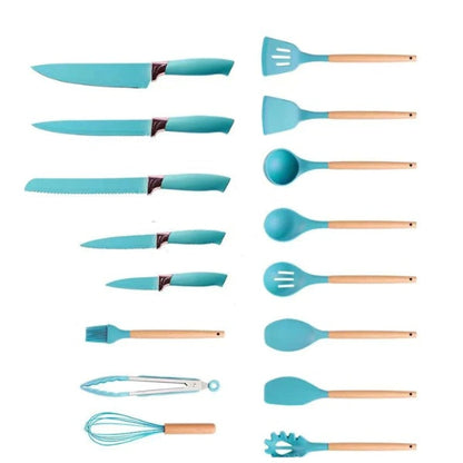 Set 19 ustensile de gatit din silicon cu maner rezistent din bambus, suport si tocator