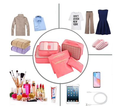 Set 6 Huse - Genti Organizatoare pentru Voiaj, 3 Plicuri si 3 Organizatoare, Roz