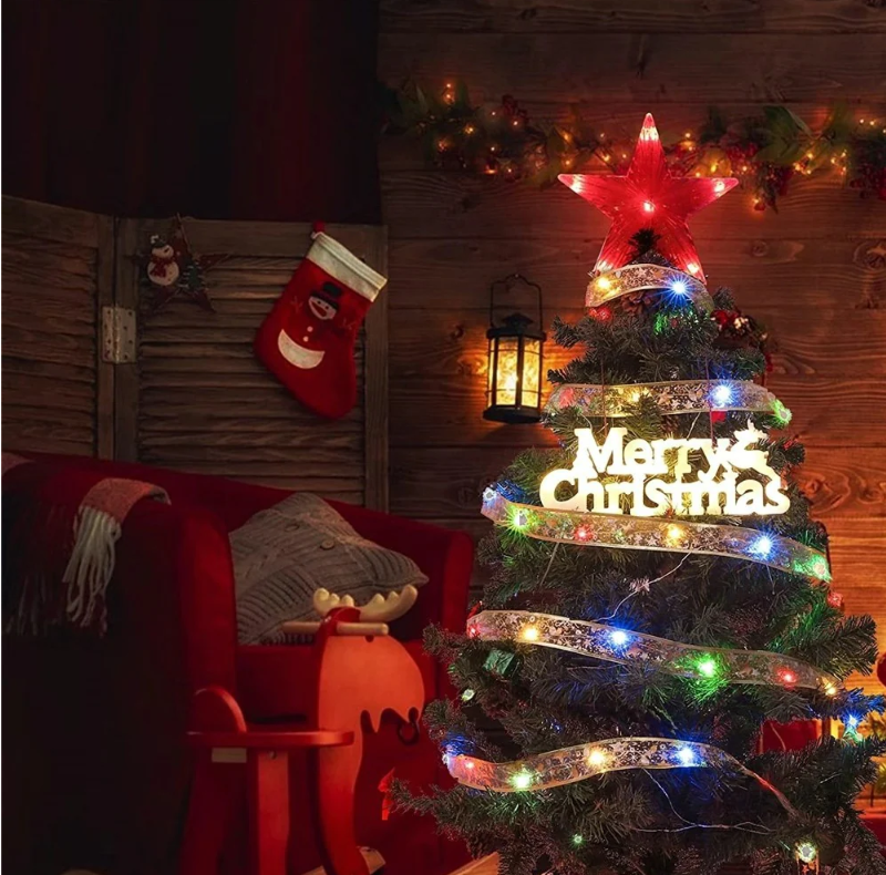 Instalatie panglica luminoasa pentru bradul de Craciun, lumina calda - auriu, argintiu, rosu - 5M