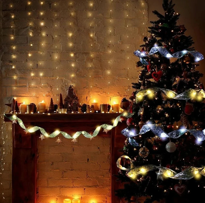 Instalatie panglica luminoasa pentru bradul de Craciun, lumina calda - auriu, argintiu, rosu - 5M