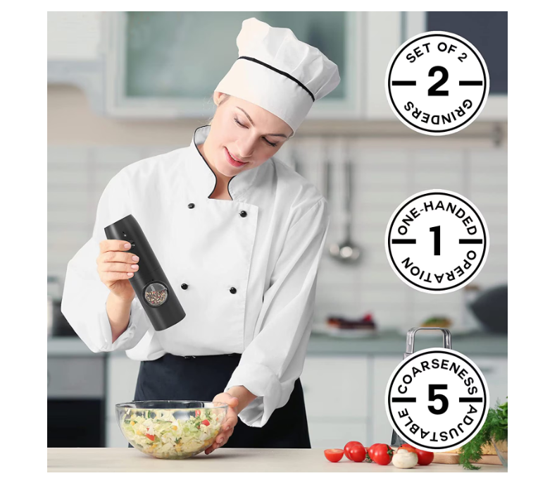 Set 2 rasnite electrice sare si piper, stand incarcare USB, perie curatare, Indicator LED, Grosime reglabila