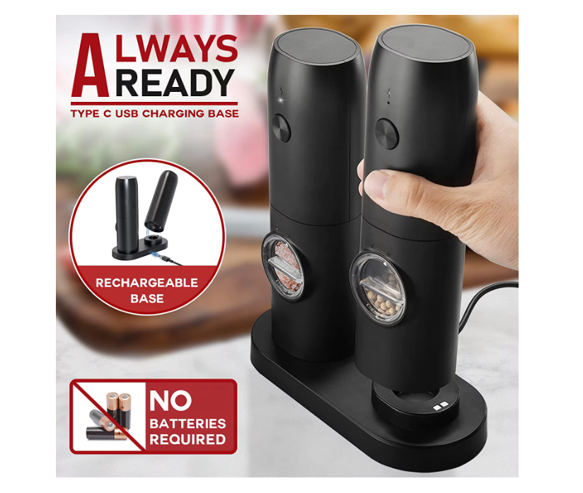 Set 2 rasnite electrice sare si piper, stand incarcare USB, perie curatare, Indicator LED, Grosime reglabila