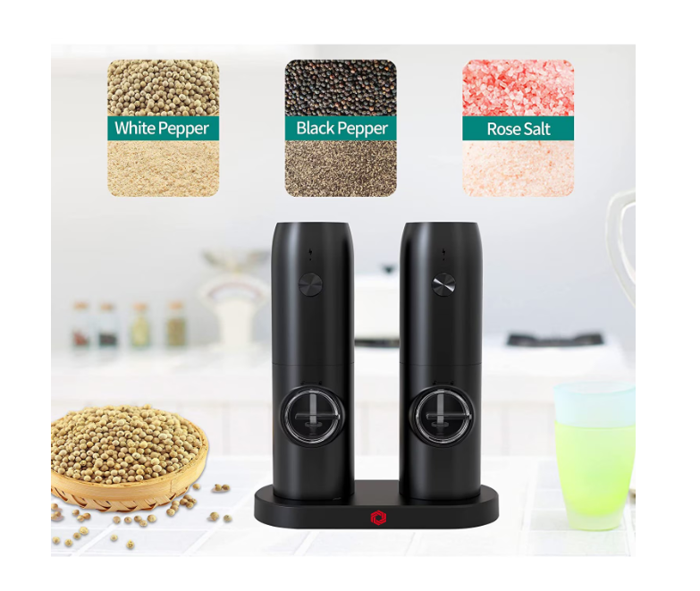 Set 2 rasnite electrice sare si piper, stand incarcare USB, perie curatare, Indicator LED, Grosime reglabila