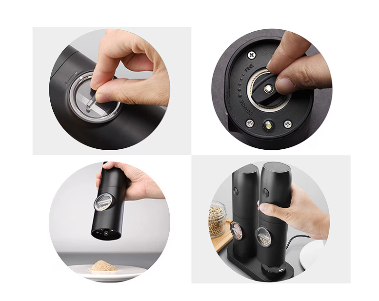 Set 2 rasnite electrice sare si piper, stand incarcare USB, perie curatare, Indicator LED, Grosime reglabila