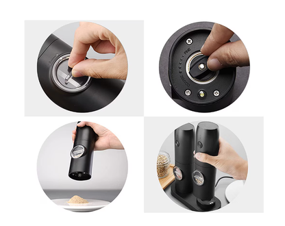 Set 2 rasnite electrice sare si piper, stand incarcare USB, perie curatare, Indicator LED, Grosime reglabila