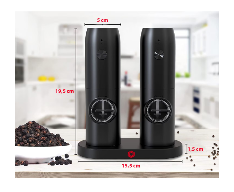 Set 2 rasnite electrice sare si piper, stand incarcare USB, perie curatare, Indicator LED, Grosime reglabila